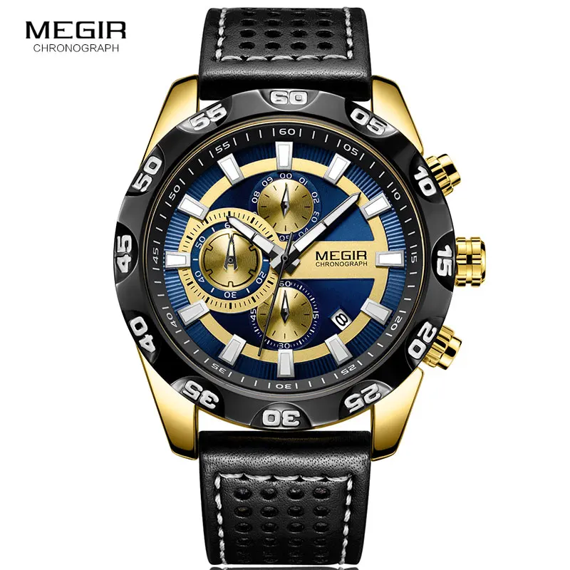 

Megir Leather Strap Sports Quartz Watches Men Chronograph Military Top Brand Luxury Wrist Watch for Man Relogios ML2096 Gold