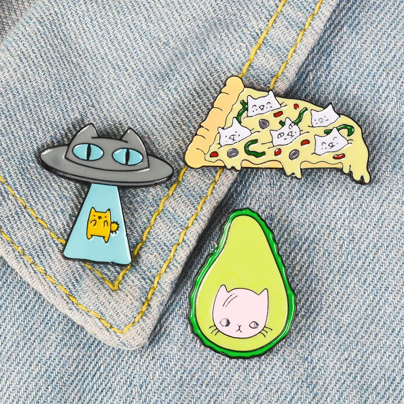 

Free shipping Cute metal Cartoon Cartoon badge alien cat avocado cat pizza cat Brooch Pin For women