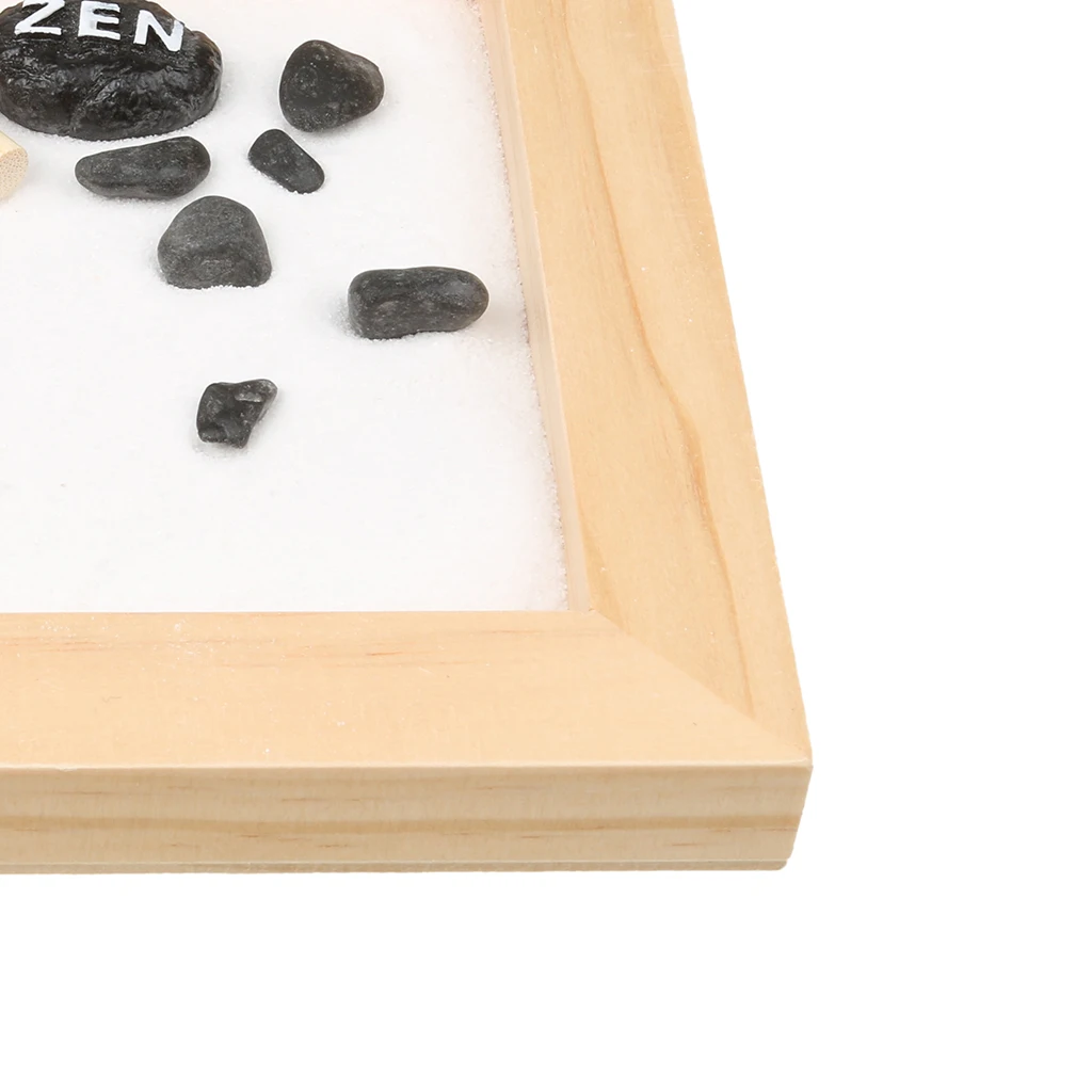 Table Desk Zen Garden Sand Wood Tray Natural Stones Rake Meditation Craft Home Table Decor Miniature 