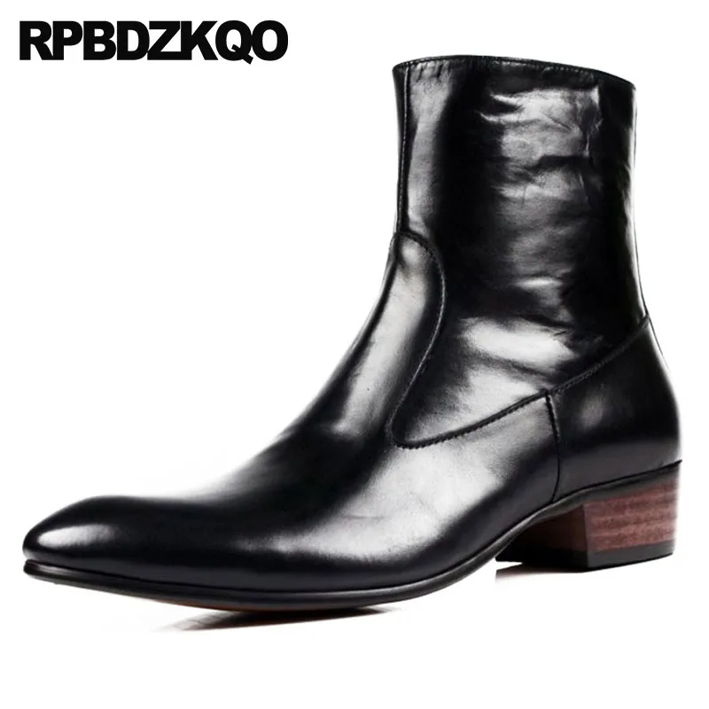 

Business Plus Size Ankle Chunky Mens Zipper Dress Boots Short Pointed Toe Shoes Booties Handmade Formal Full Grain Leather Black