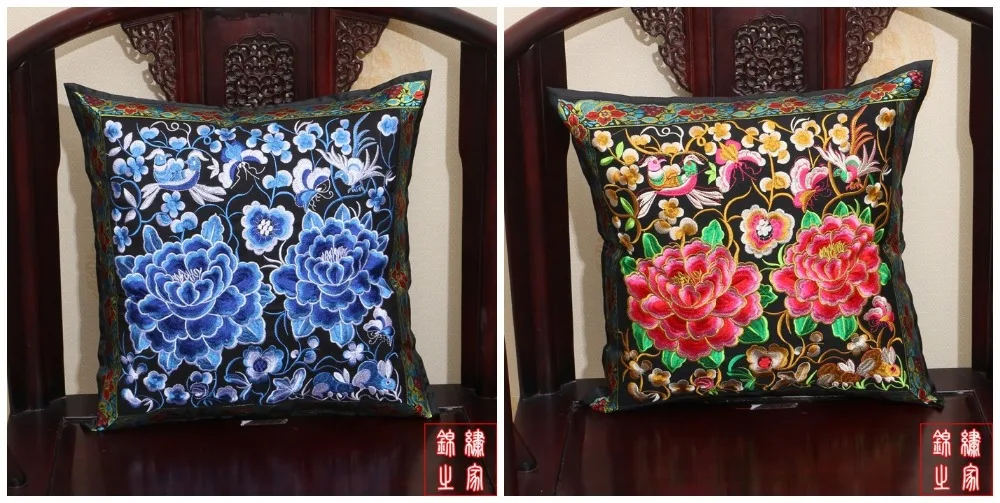 

45*45cm Handmade Chinese Ethnic Embroidered 2 colors Flower Cushion Cover without interior
