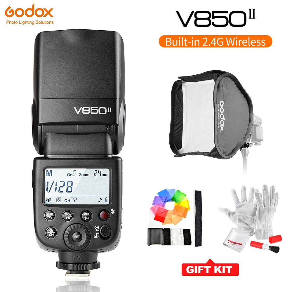 

Godox V850II GN60 2.4G Wirless X System Speedlite w/ 2000mAh Battery Flash Light for Canon Nikon DSLR Cameras Softbox Filter Kit