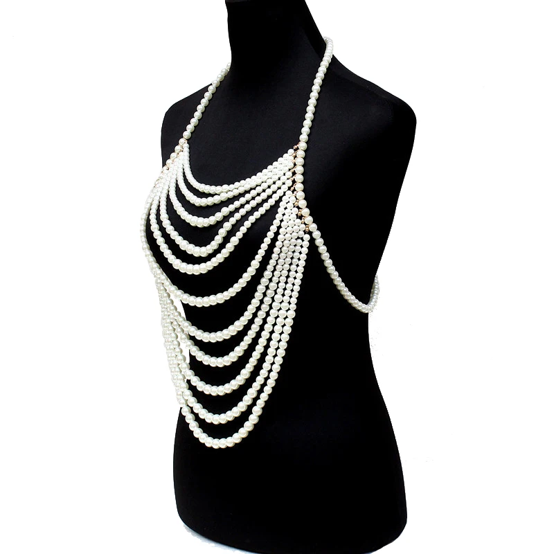 Ceny Nowe mody Boho imitacje pereł oświadczenie łańcuchy wisiorek sukienka biżuteria perły koraliki uprząż łańcuszek biżuteria ślubna