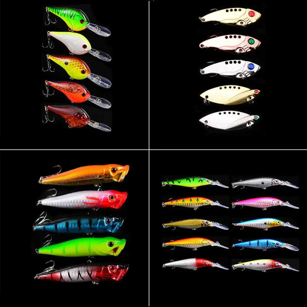

25pcs/lot Fishing Artificial Bait Hard Bait Kit Include Minnow Popper Crankbait VIB 4 Models Mixed Fishing Lures Set