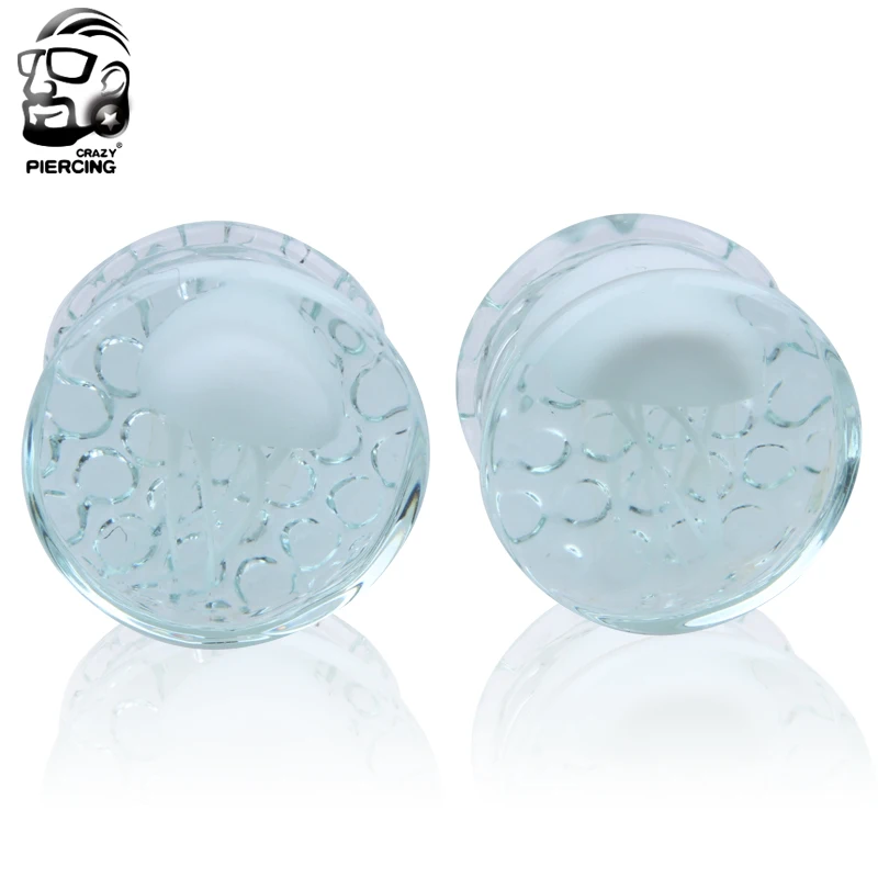 

Fashion Piercing Pair of Glass Double Flared white Jellyfish Ear Plugs Translucent Expander bright Lake Ocean Tunnel Body 2 PCS