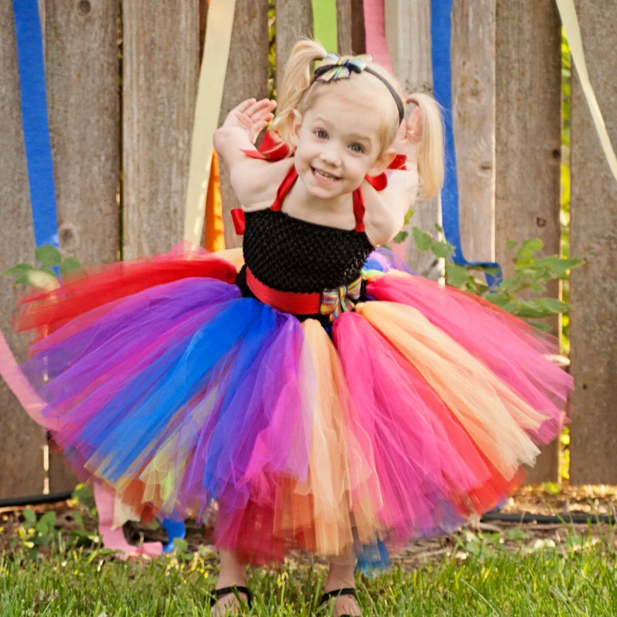Bright Rainbow Princess Girls Tulle Tutu Dress for Birthday Wedding Dancing Party Ball Gown Kids Fluffy Dress with Rainbow Bow (8)