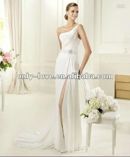 new model chiffon one shoulder beaded waistline high front slit wedding dresses OLH150 | Свадьбы и торжества
