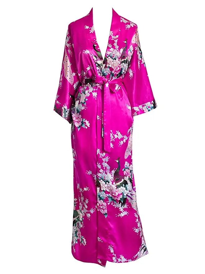 FZSLCYIYI, женское кимоно с павлином, халат, сексуальный, Цветочный, для невесты, невесты, халаты, женские, с цветами, вечерние, свадебные, длинные, пижамы, Халат - Цвет: hot pink A