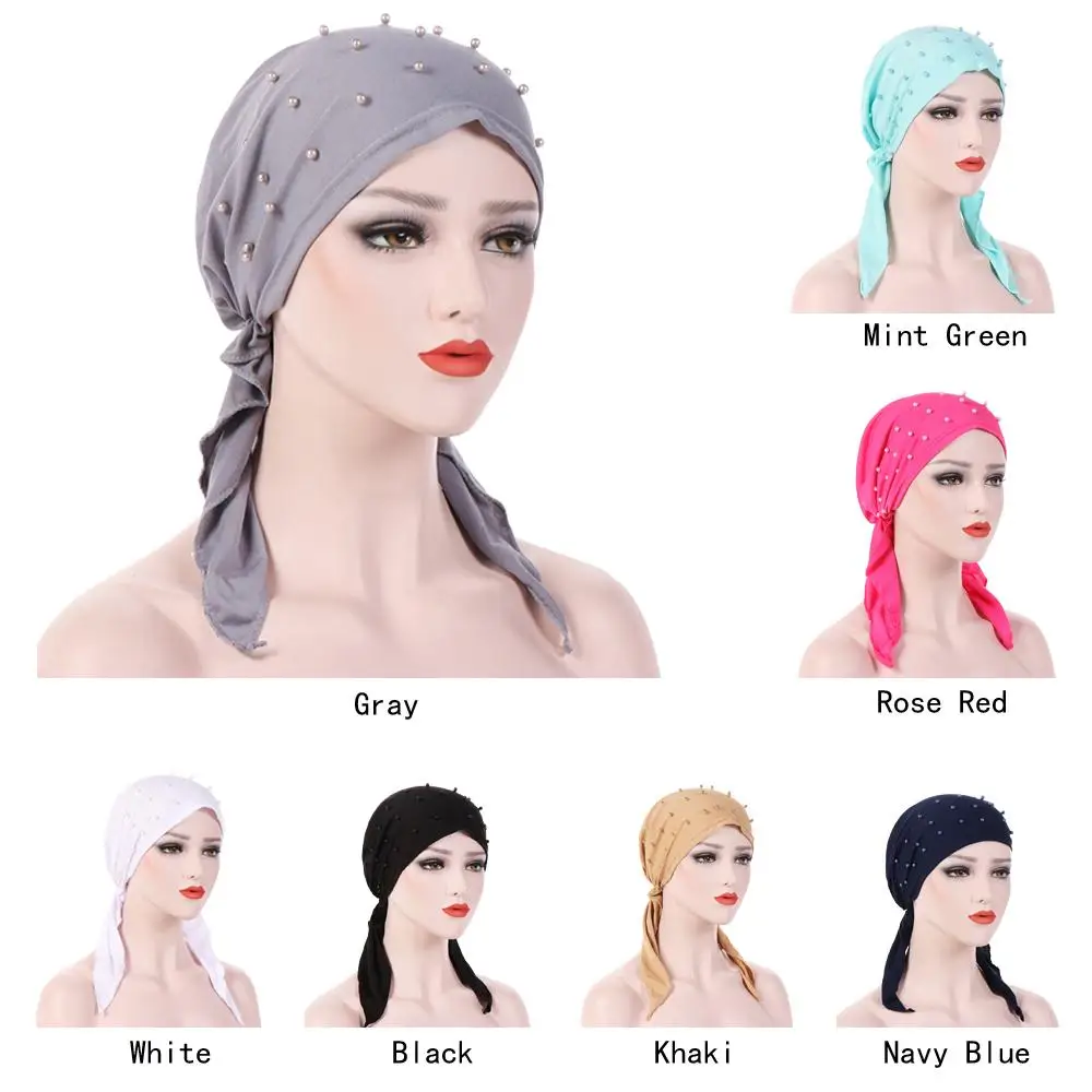 Muslim Beading Hijabs Islamic Turban Headscarf Long Tail Bandanas Hair Loss Hat Stretch Arab Chemo Cancer Cap Wrap Bonnet Beanie