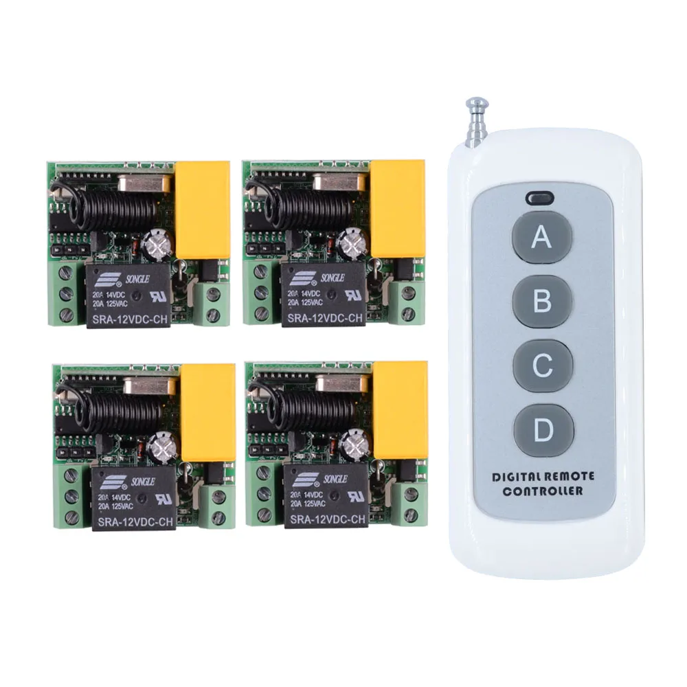 

200-1000m Mini AC 220V 1CH 433MHZ 10A RF Wireless Remote Control Switch System 4CH Transmitter For Acess Door LED Strips Light