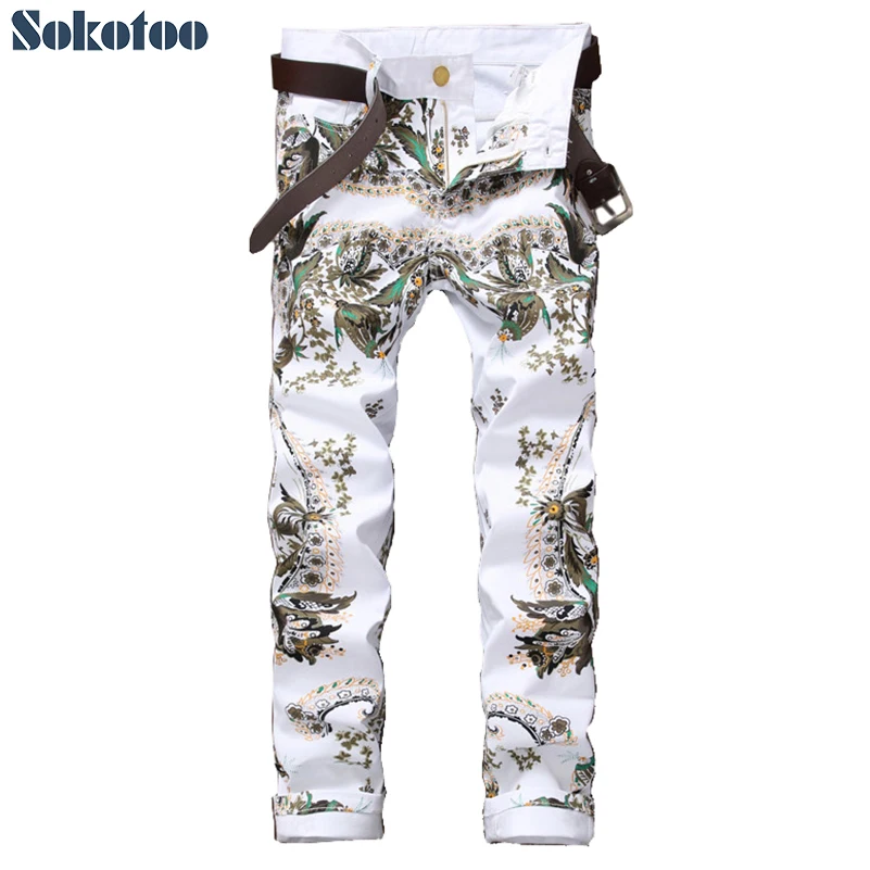 Sokotoo Men's fashion flower colored 3D printed jeans White slim skinny stretch denim pants Sokotoo Men's fashion flower colored 3D printed jeans White slim skinny stretch denim pants