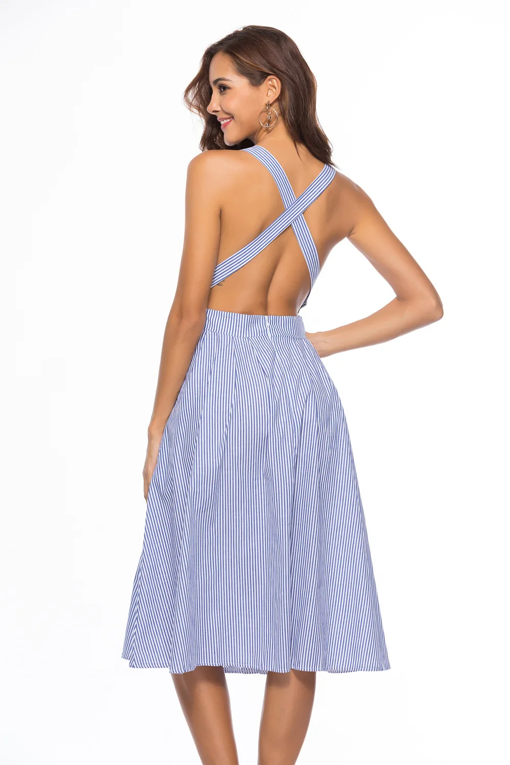 2018 Summer Light Blue Striped Halter Neck Dress Backless  Cross shoulder strap  Sexy striped dress Free Shipping