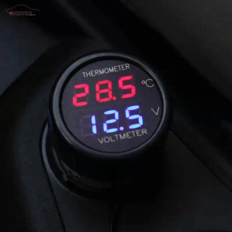 

12V 24V 2 In 1 DC Digital Car Voltmeter Thermometer Temperature Meter Battery Monitor Red Blue Led Dual Display