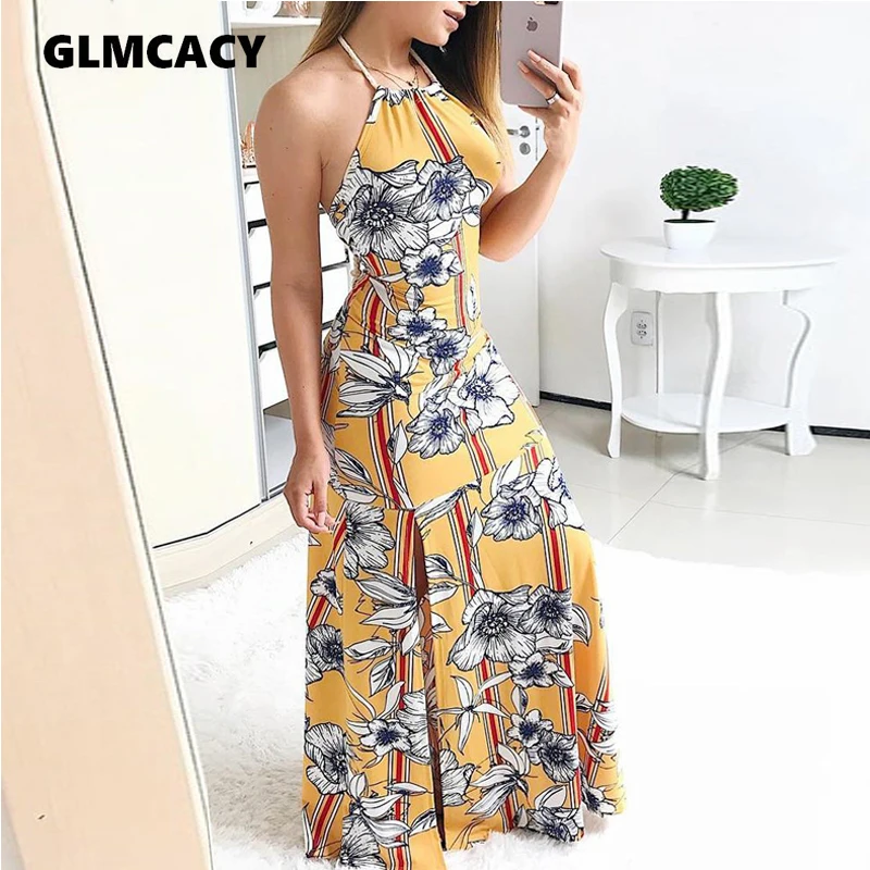 

Women Floral Print Halter Maxi Dress Bohemian Style Sleeveless Ankle-Length Slim Fit Summer Holiday Beach Bohemain Party Dress