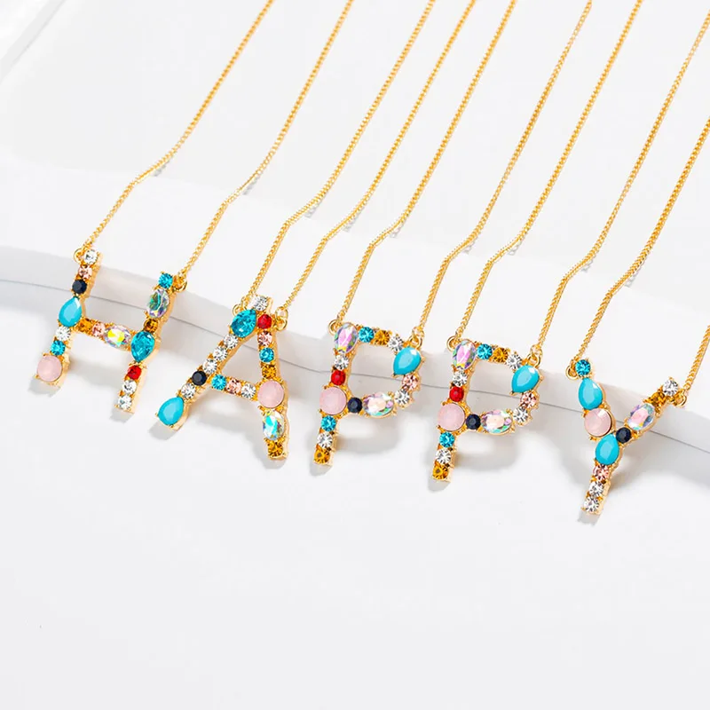 

Gold Color Multicolor CZ Necklace Personalized Letter Necklace Name Jewelry For Women Accessories Girlfriend Gift DropShip