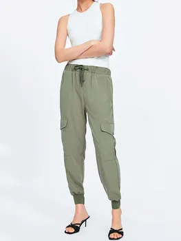 

Spring Army Green Harem Pants Elastic High Waist Drawstring Jogger Pants Ankle-Length Summer Big Pocket Pants