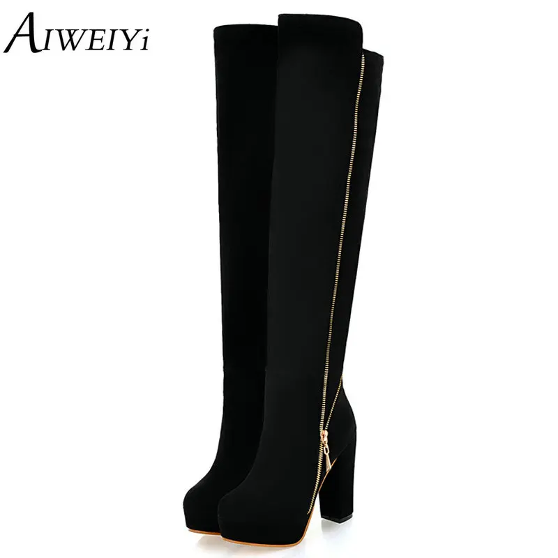 

AIWEIYi Women Winter Snow Boots Ladies Western Cowboy Boots Zipper High Heels Snow Boots Shoes Woman Botas Mujer Fur Snow Boots