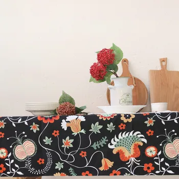 

DUNXDECO Tablecloth Cotton Table Cover Fabric Vintage Nordic Black Red Flowers Canvas Fabric Home Party Dinner Mesa