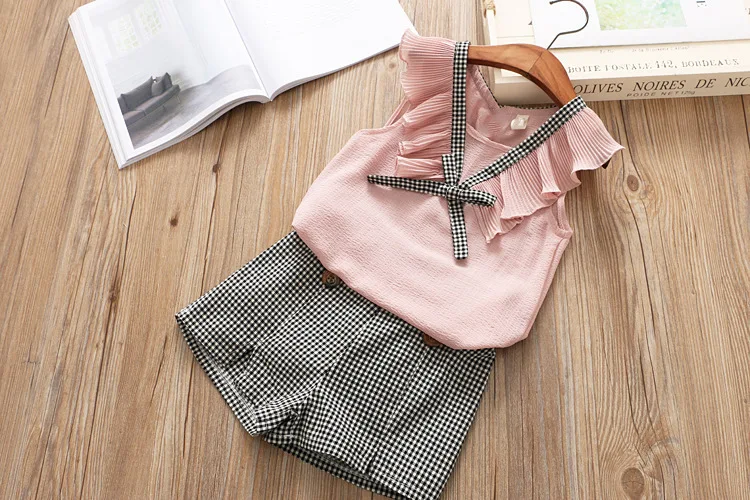 New Girls Clothing Set 2019 Summer Girls Clothes Kids Vest + Plaid Shorts 2PCS Suits For Girls Clothes Outfits 3 4 5 6 7 8 Years (2)