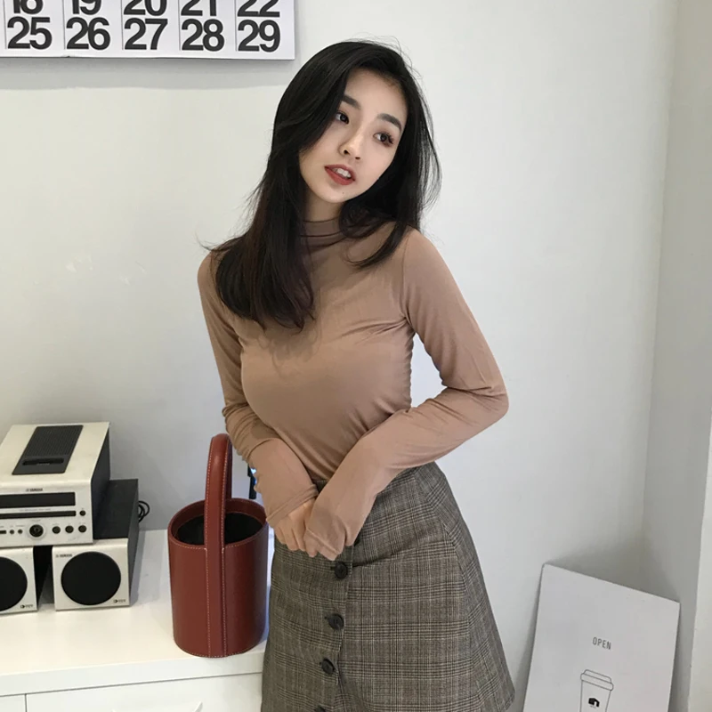

2018 New Fashion Autumn Winter Basic T-shirts Women Slim O Neck Long Sleeve Solid Color Tees Female Soft Near Skin Thin Tops