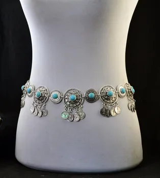 

European Tribal Silver Gold Metal Flower Waist Chains Indian Turkish Blue Stone Coin Dance Belt Belly Dance Body Chain Jewelry