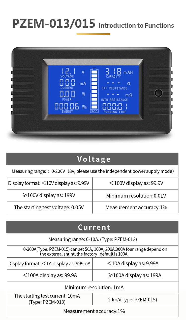 PZEM-015 200v 50A Battery Discharge Tester Capacity Power Energy Impedance Resistance Digital Ammeter Voltmeter Energy Meter