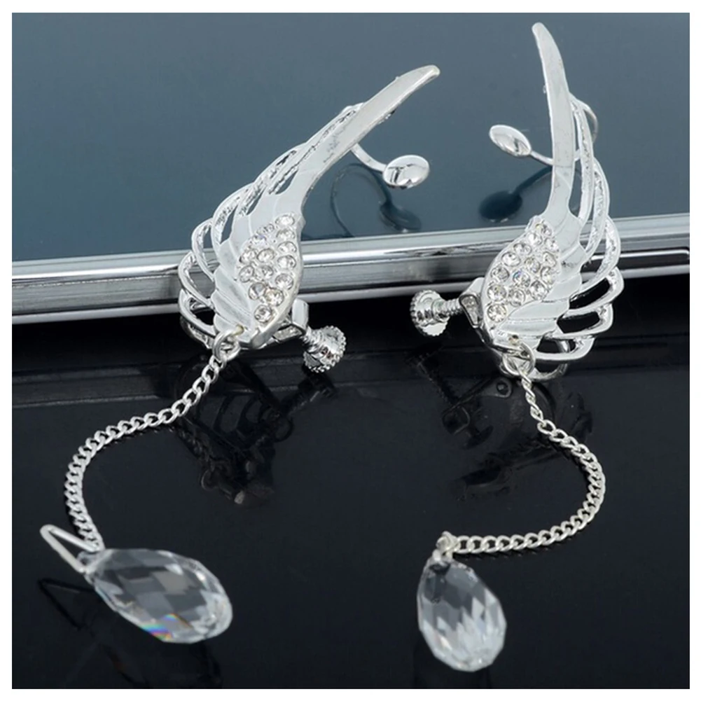 1 Pair Angel Wing Stylist Crystal Silver Plated Earrings Drop Dangle Ear Stud Cuff Clipin Clip