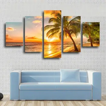 

5 Piece Golden Sunset Seascape Included Coco Beach Modern Wall Art Picture Canvas Print Painting For Living Room Decor Unframed
