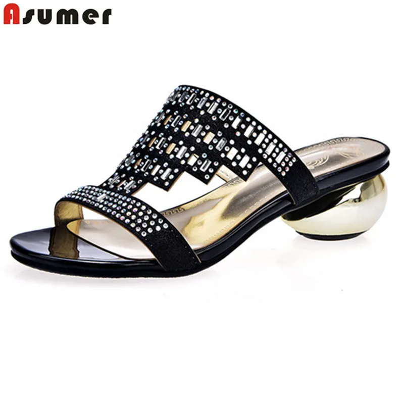 

ASUMER Big size 33-43 New arrive 2021 outside women slippers cut outs rhinestone round heels fashion ladies mules drop shipping