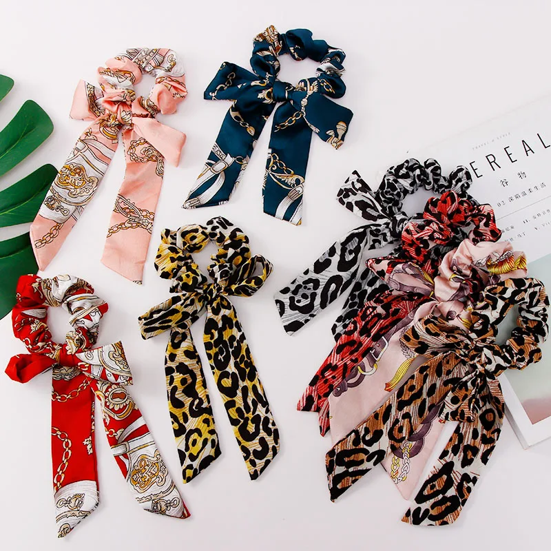 Fashion Leopard Scrunchies Elastic Ribbon Hair Band Bow Women Hair Rubber Band