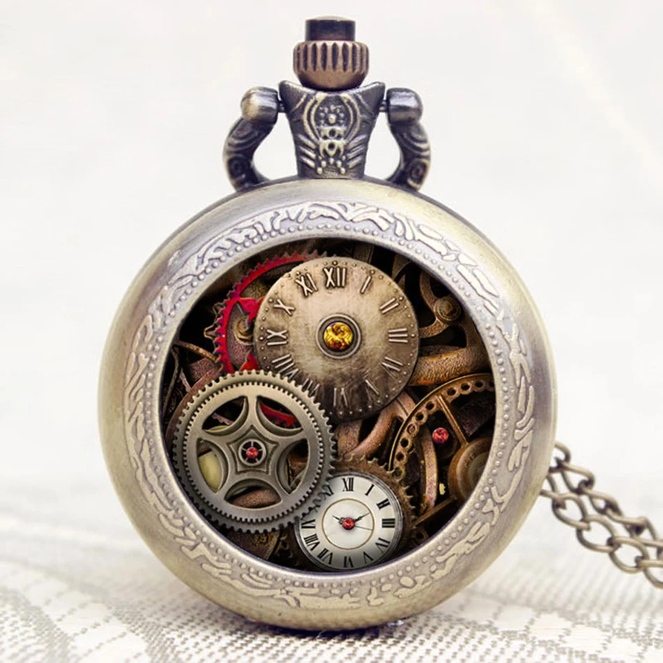 Antique Gear Roma Numbers Glass Dome Quartz Pocket Watch Steampunk Fob Clock With Necklace Chain Men Women Gift Free Shipping (1)