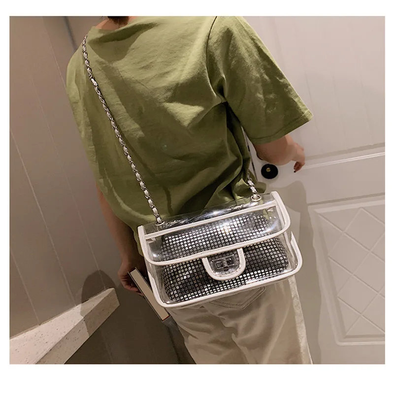 

Fashion Women Brand Design Small Square Shoulder Bag Clear Transparent PU Composite Messenger Bags New Female Handbags