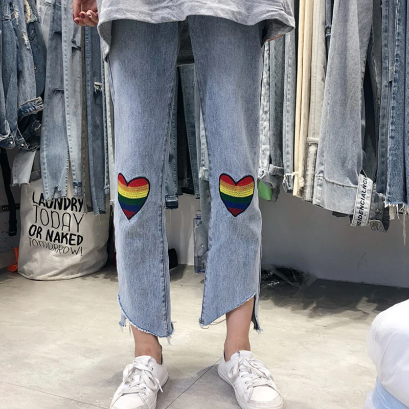 

New rainbow heart embroidery women jeans loose Harajuku high waist irregular pants feet torn edge ankle length straight pants