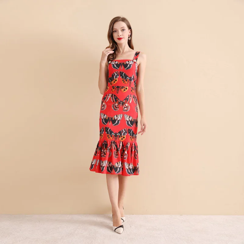 

Sexy diamonds buttons fishtail dress New 2018 summer runway elegant butterfly print slip dress D428