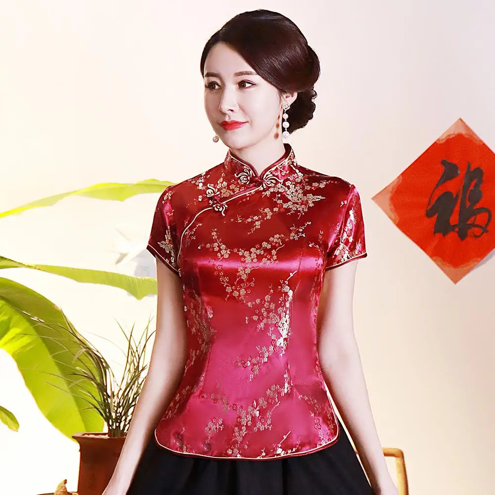 Винтажная Цветочная Женская Китайская традиционная атласная блузка, Летняя Сексуальная рубашка, новинка, дракон, одежда, топы размера плюс, 3XL, 4XL, WS009 - Цвет: Burgundy Flower