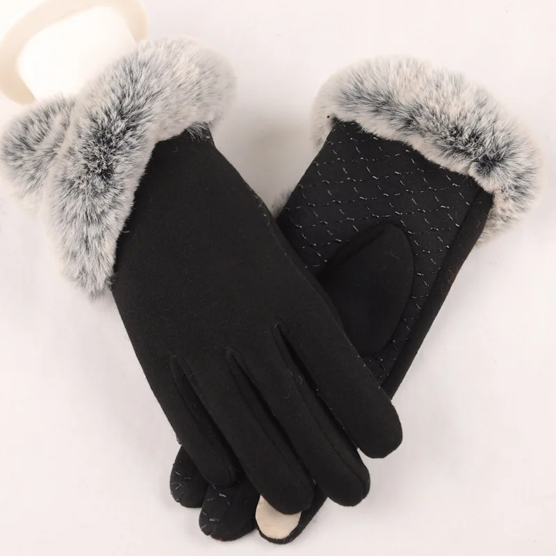 

Elegant Winter Gloves Women Cotton Gloves Mittens Real Rabbit Fur Pompom Touch Screen Driver's Gloves 2018 New Autumn