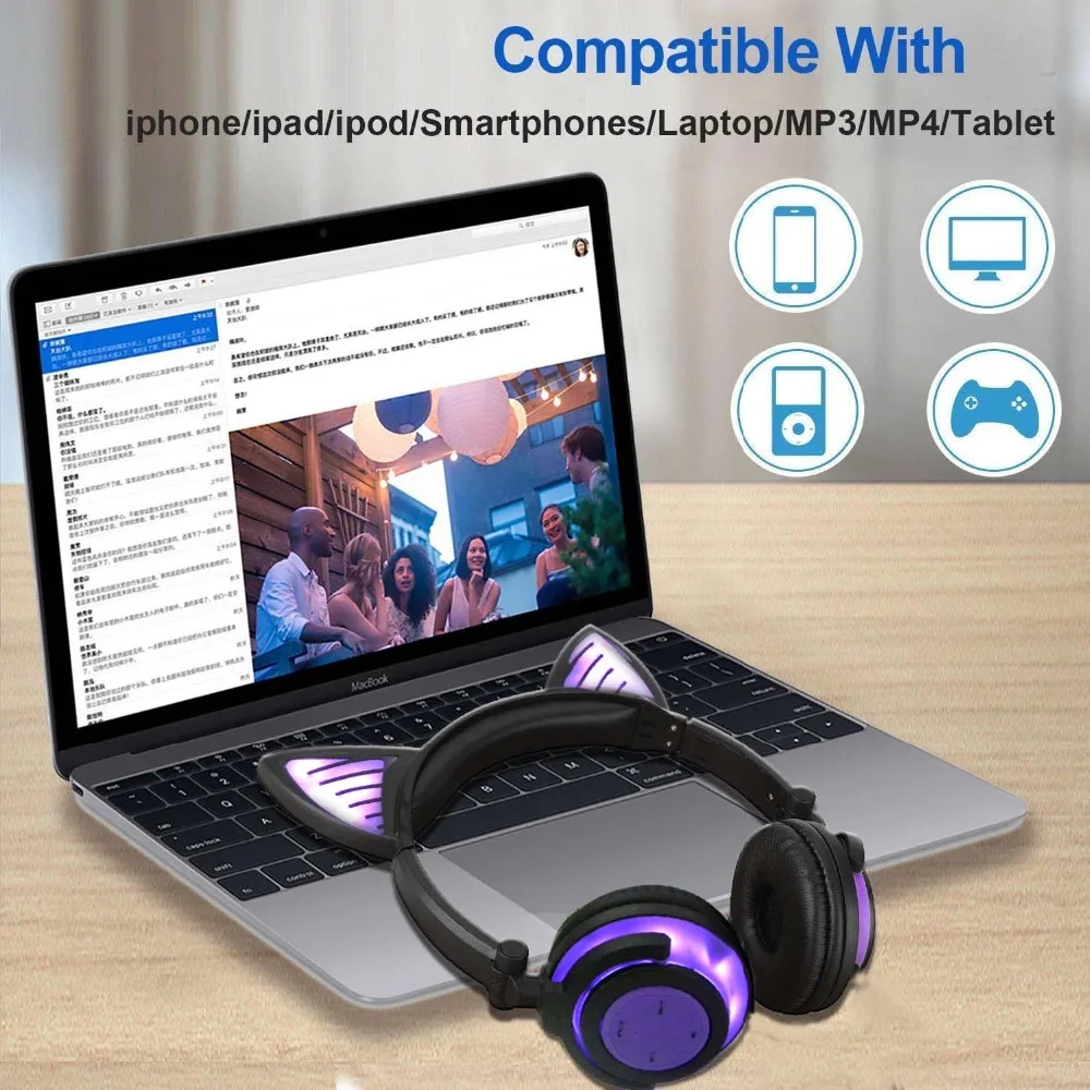 JINSERTA Bluetooth Earphone Cat Ear Wireless Headphones Microphone Flashing Glowing Headset w LED Light For PC Laptop Adult Kids