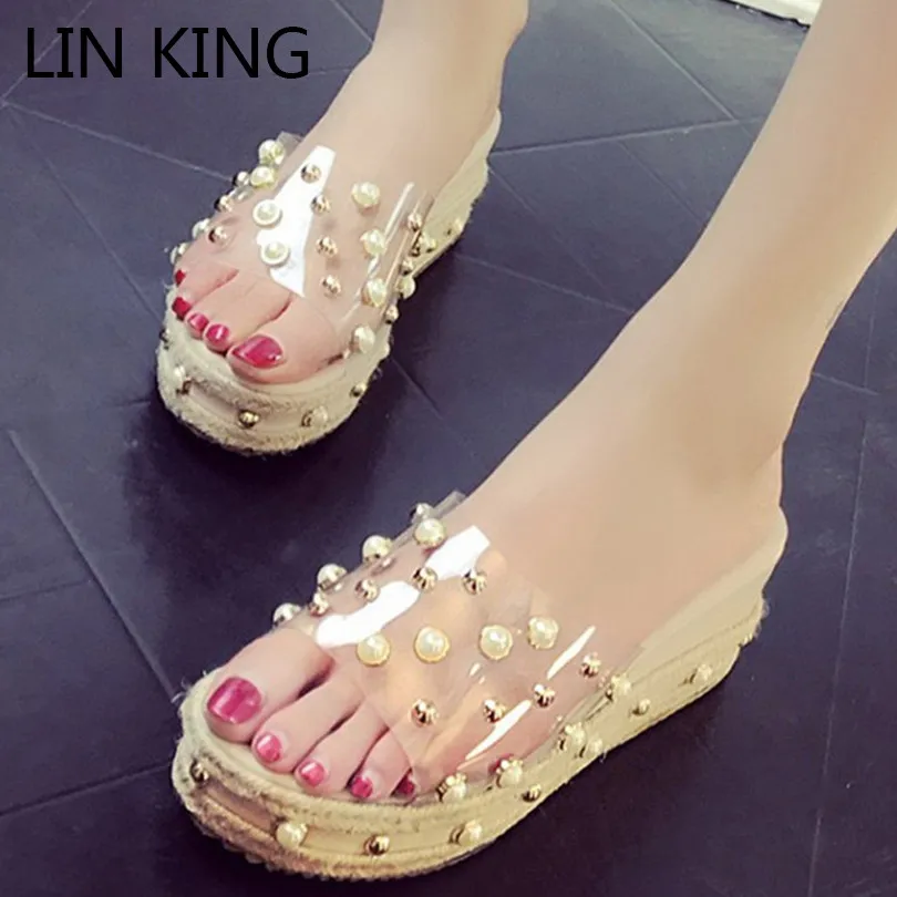 LIN KING Design Height Increasing Women Slippers Fashion Pearl Platform Shoes Thick Sole Summer Wedges Shoes Sweet Woman Slides цена LIN KING Design Height Increasing Women Slippers Fashion Pearl Platform Shoes Thick Sole Summer Wedges Shoes Sweet Woman Slides цены онлайн
