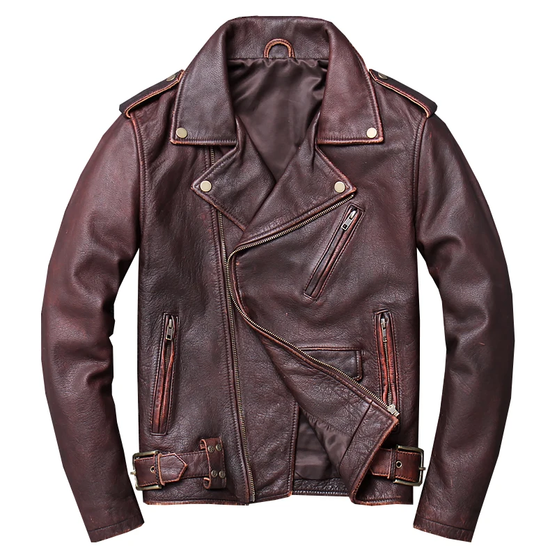 

2019 Vintage Brown American Motorcycle Leather Jacket Plus Size XXXXXL Genuine Cowhide Spring Short Biker's Coat FREE SHIPPING