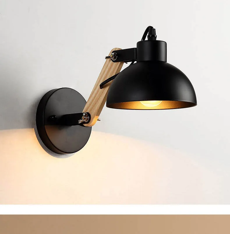 

Nordic modern simple creative bedroom bed LED wall lights Iron wood telescopic wall lights