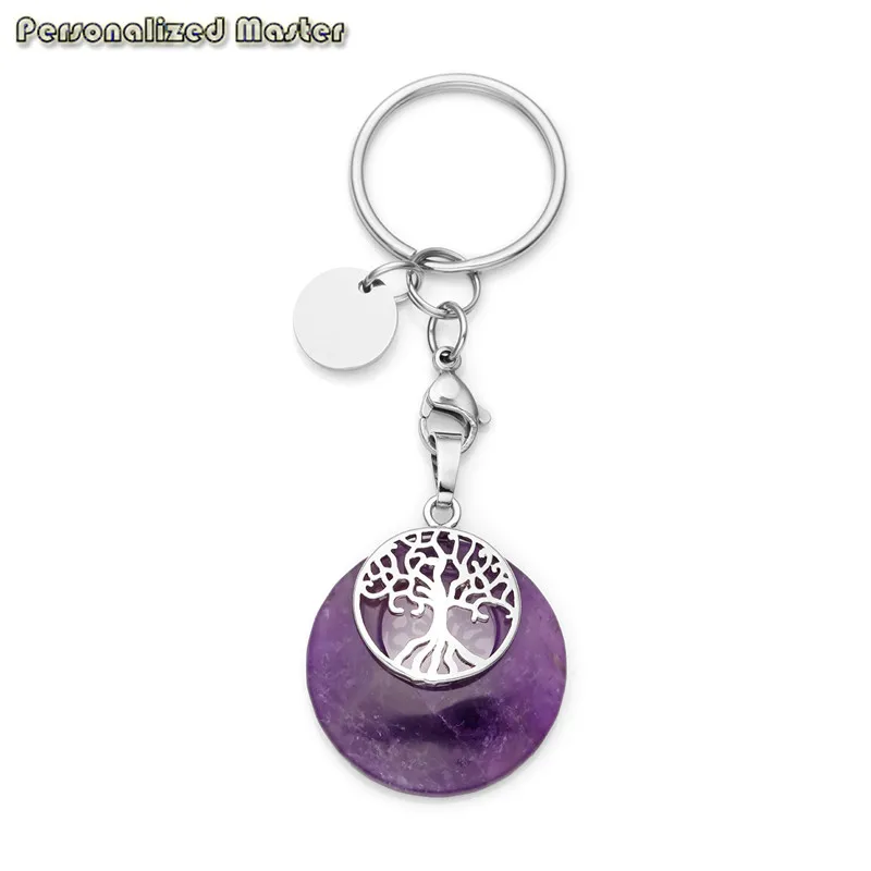 

Personalized Master Engraved Tree Healing Crystal Chakra Gem stone Pendant Keychain, Stainless Steel Key Ring for friends