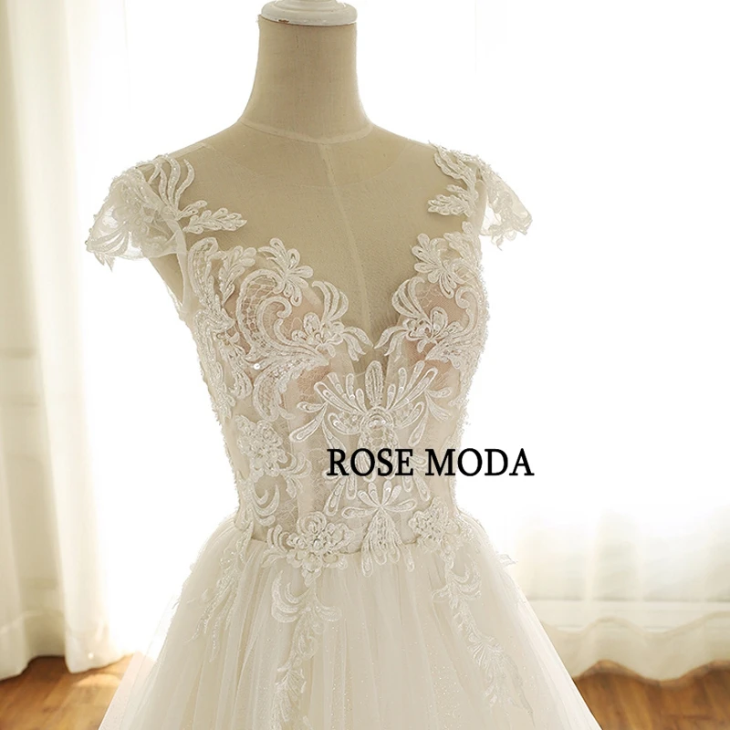 Роза Мода Короткие рукава с крылышками Принцесса Тюль свадебное платье кружевные свадебные платья с поездом реальные фотографии