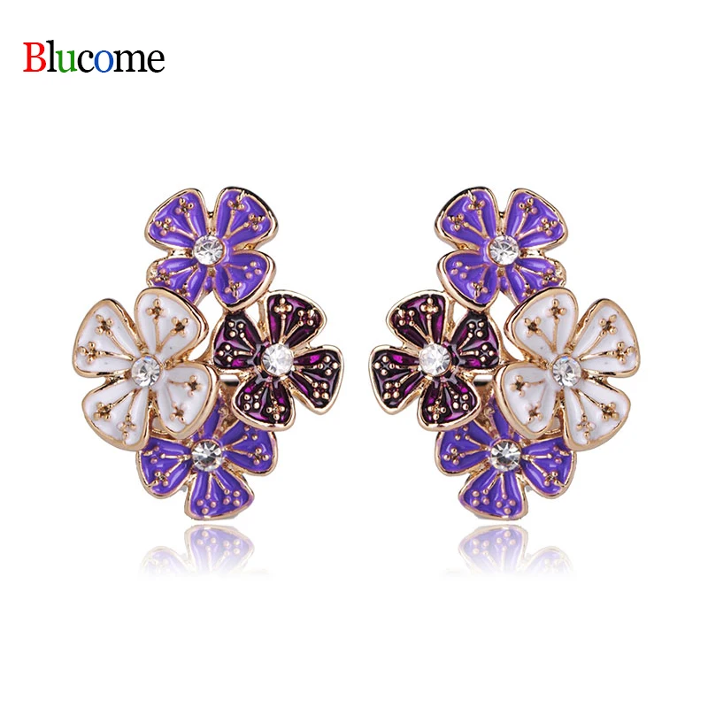 Fashion Style Purple Flower Stud Earrings Alloy Enamel Crystal Women's