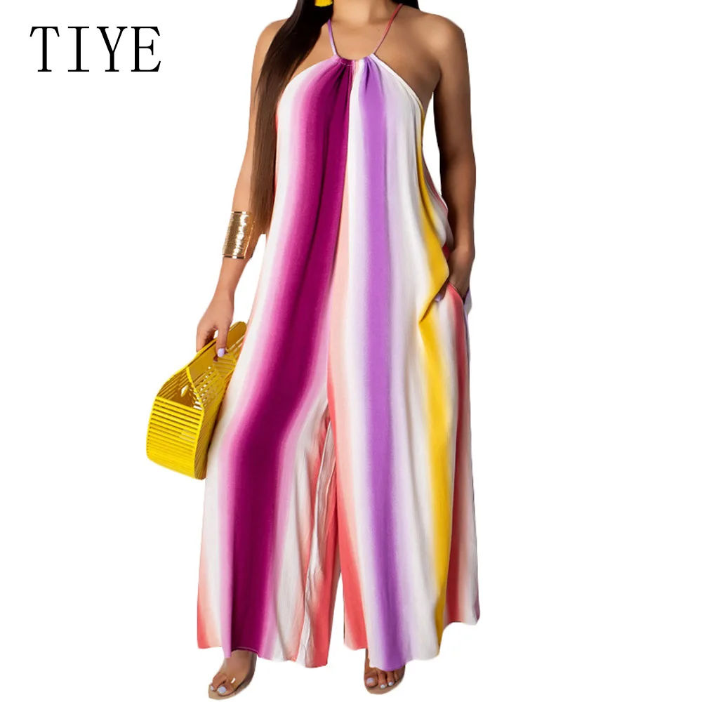 

TIYE Purple Sexy Sleeveless Halter Striped Pocket Wide-leg Jumpsuit Female Women Summer Holiday Party Casual Loose Playsuit