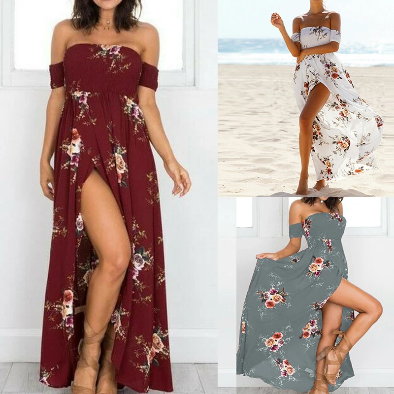 Floral Printed Long Dress Women Casual Sexy Split Maxi Dresses Summer Casual Boho Beach Sundress Lady Sexy Split Strapless Dress