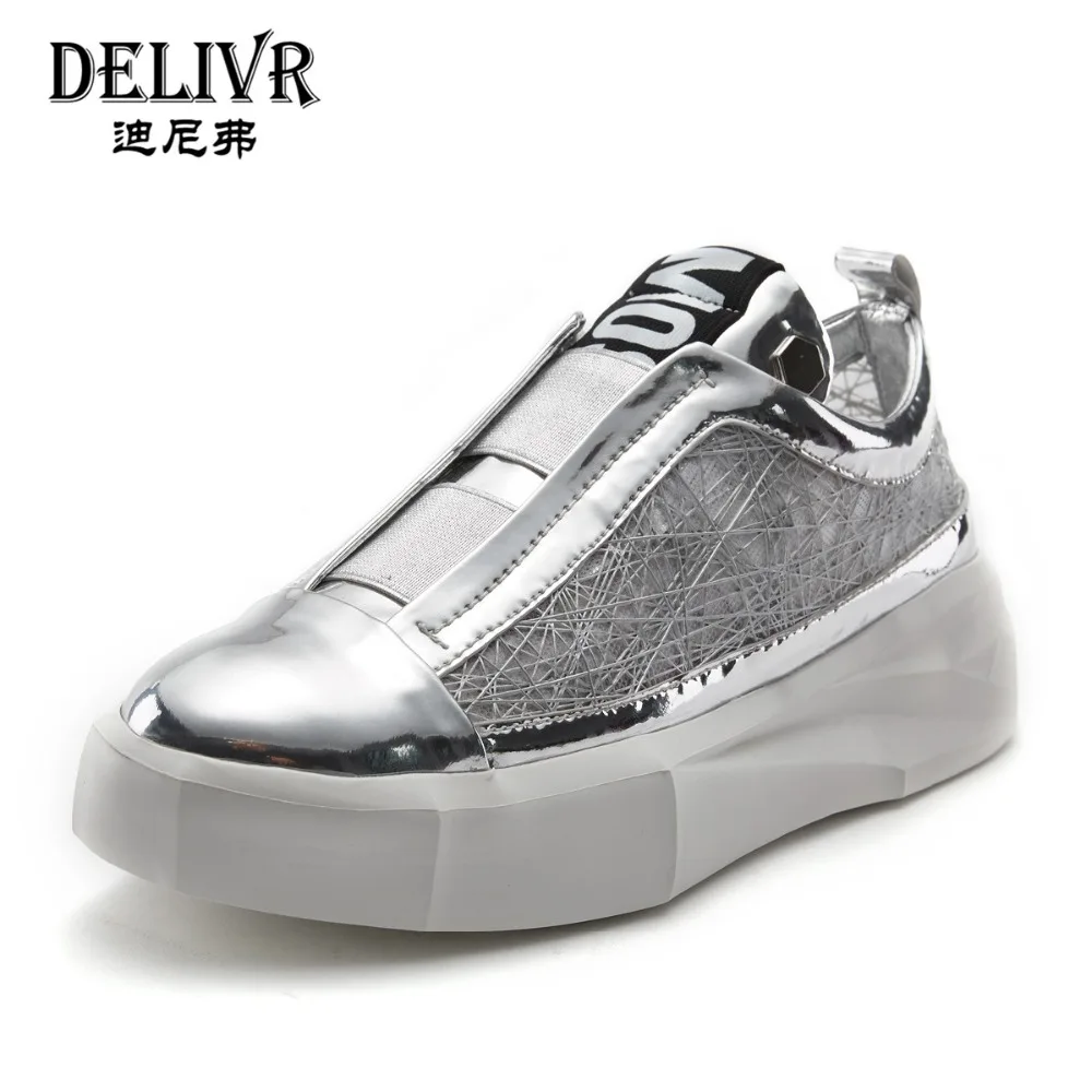 

Delivr Outdoor Shoes Men Sneakers 2019 Newest Sliver Patent Leather Couple Shoes Men And Women Casual Outdoor Sneakers Low Top