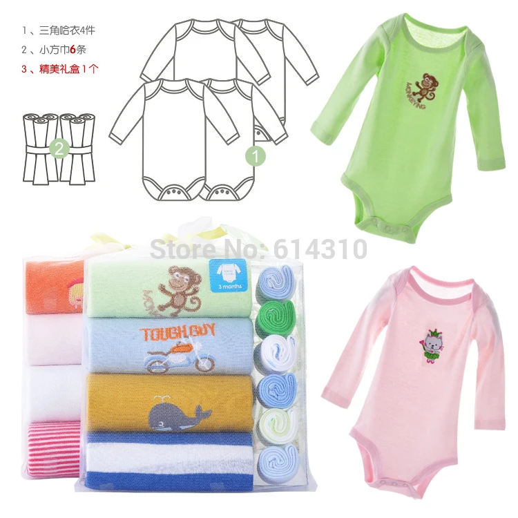 Детские комбинезоны с длинными рукавами, 4 предмета, хлопковые комбинезоны для малышей+ полотенца из 6 предметов, adr0017