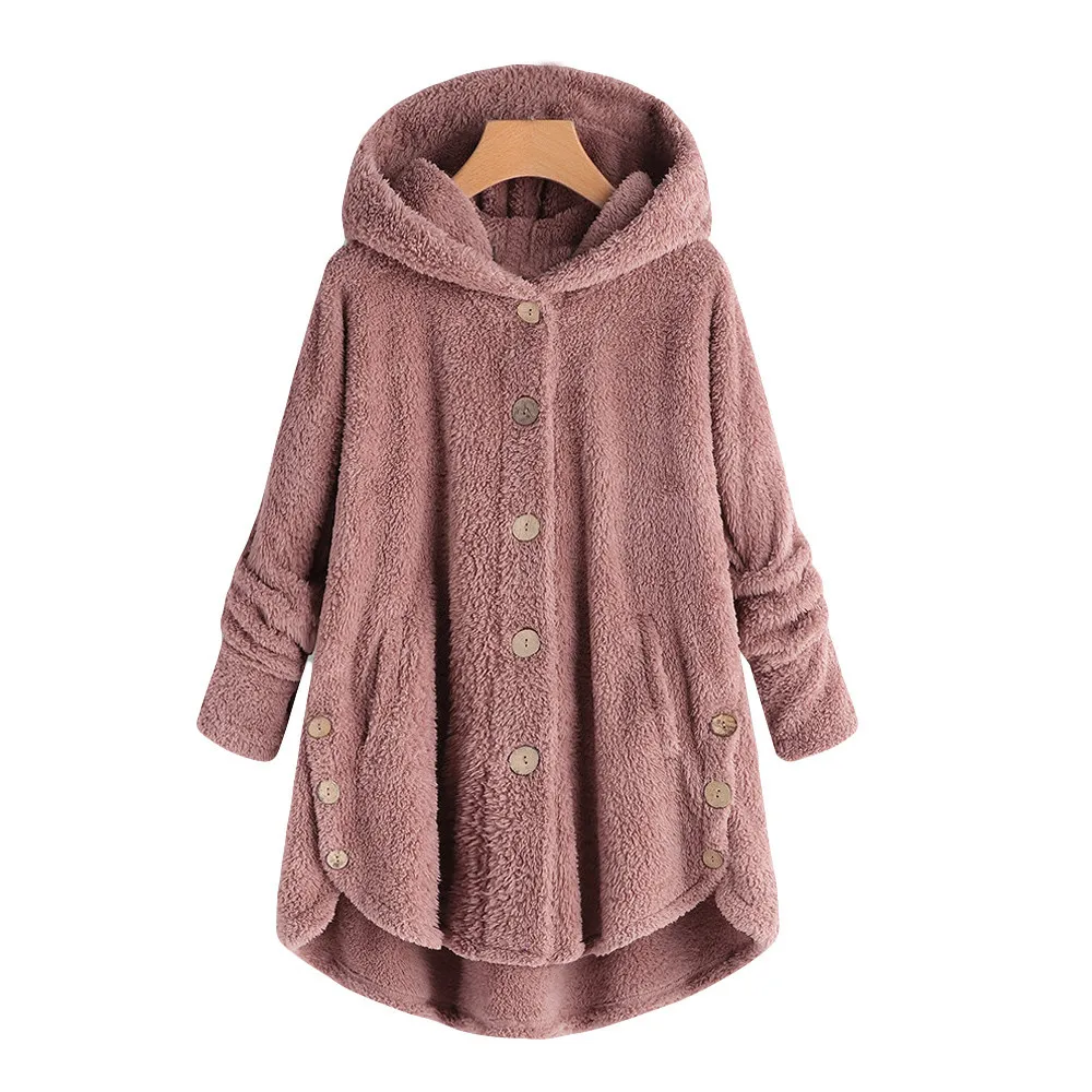 

Women Winter Warm Teddy Bear Coat Pink Women Button Coat Fluffy Tail Tops Hooded Pullover Button Cooats 2019