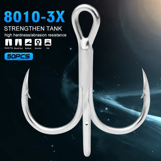50pcs/lot Saltwater Fishing Hook Matte Tin Treble Hooks 2#-4#-6#-8#-10# High-Carbon Steel Fishhook High Strength Hooks