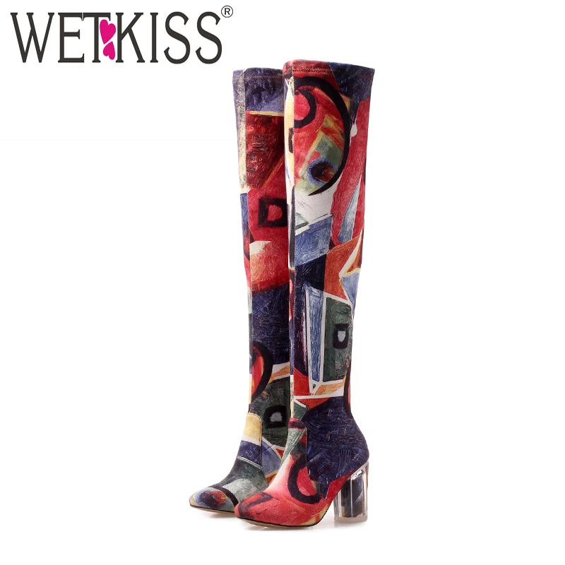 

WETKISS Print High Heels Women Boots Square Toe Zip Footwear Stretch Over The Knee Female Boot Shoes Women 2018 Winter New